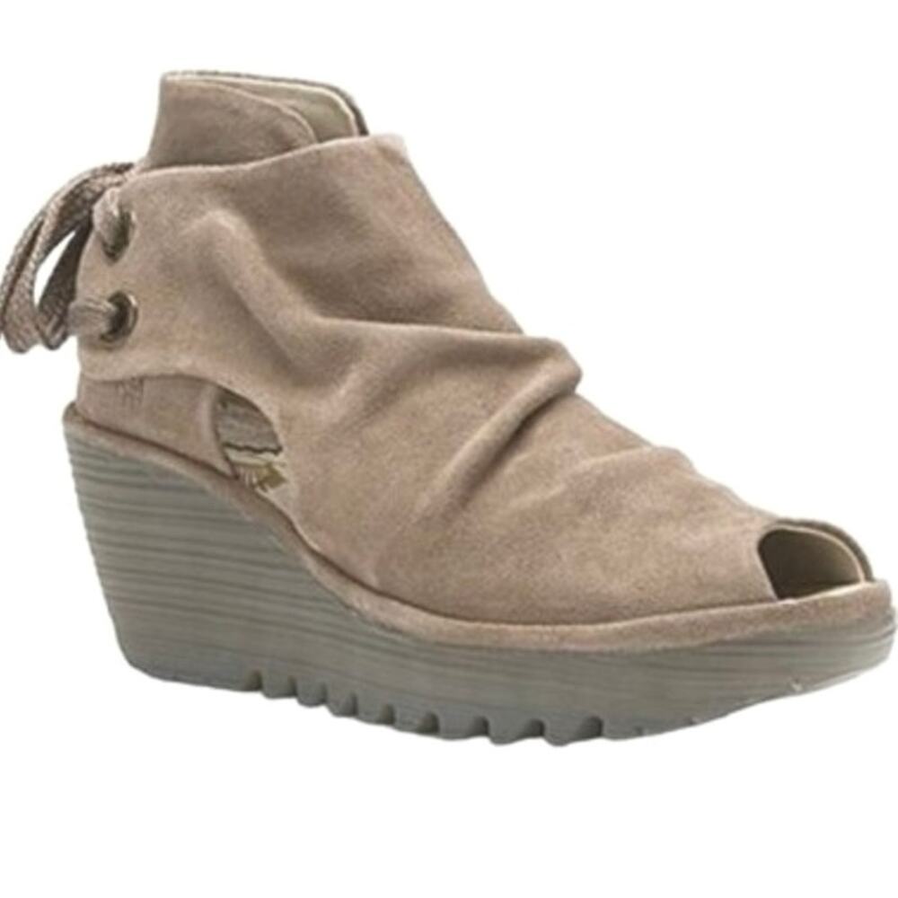 FLY LONDON Yema Suede Taupe Wedge Shoe Sandals Lace Size 39 (US 8-8.5) Peep Toe